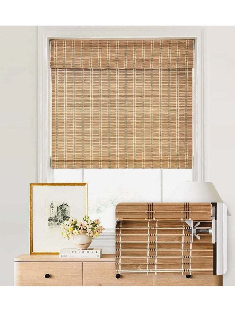 Natural Bamboo Cordless Roman Shade Window Blind with No-Drill Brackets